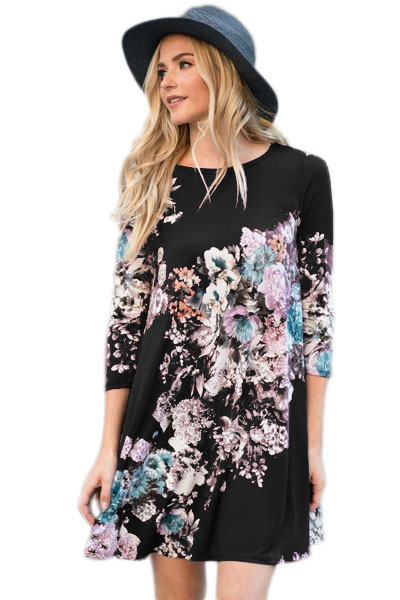 BY220099-102 Dark Floral Long Sleeve A-Line Tunic Dress